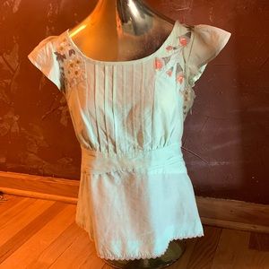Mint green cap sleeve size 6 embroidered top from Anthropologie